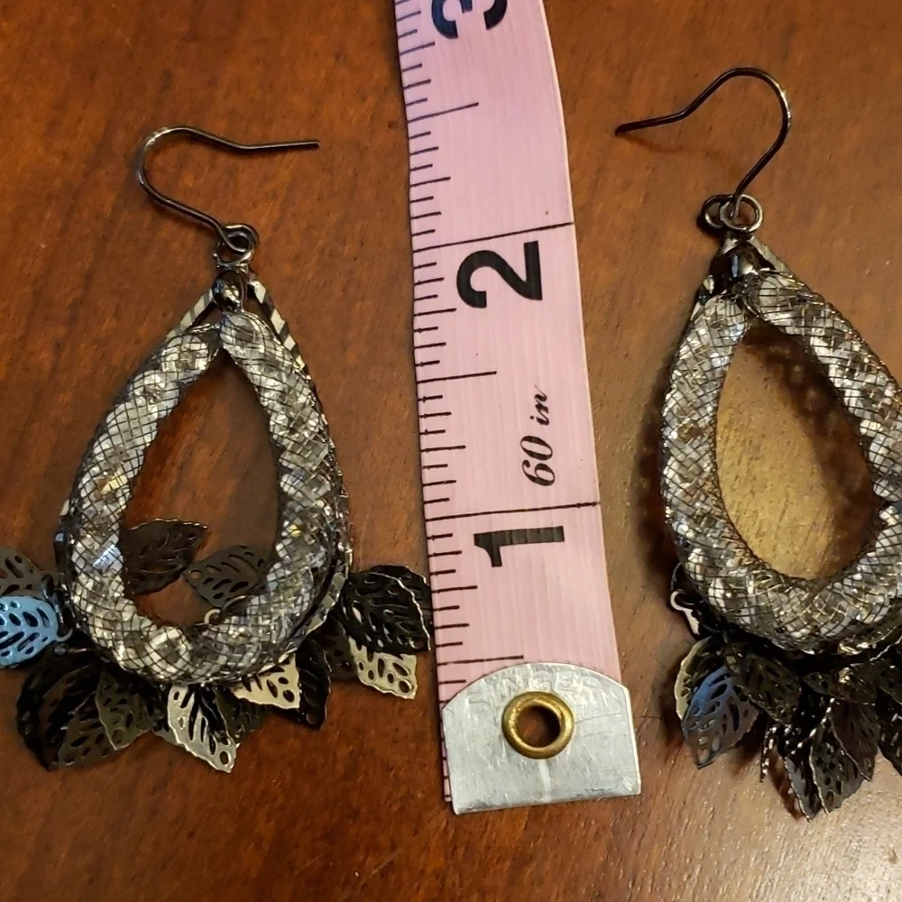 RHINESTONE Hoop Earrings Very Unusual Unique Pewter Color Hook EUC